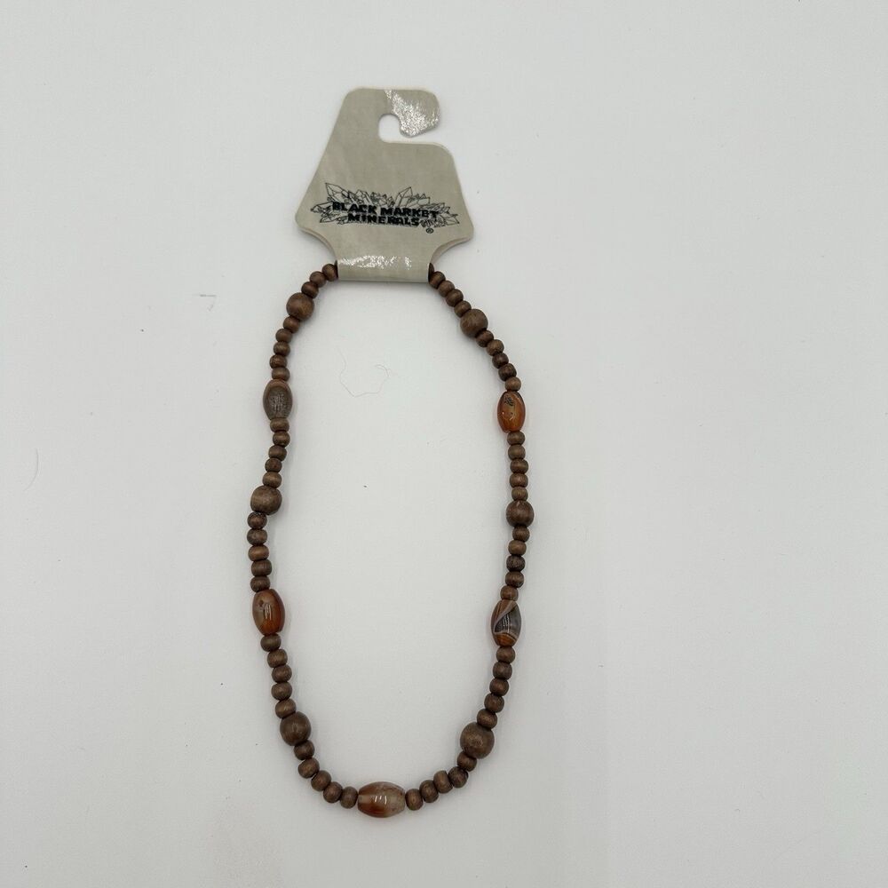 Black Market Minerals Wood Beaded Necklace Magnetic Closure 17” NEW